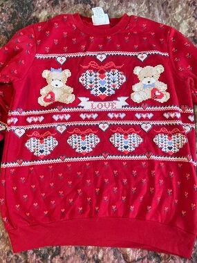 Vintage 1980’s Red Teddy Bear 'Love' Holiday needlepoint print Sweatshirt